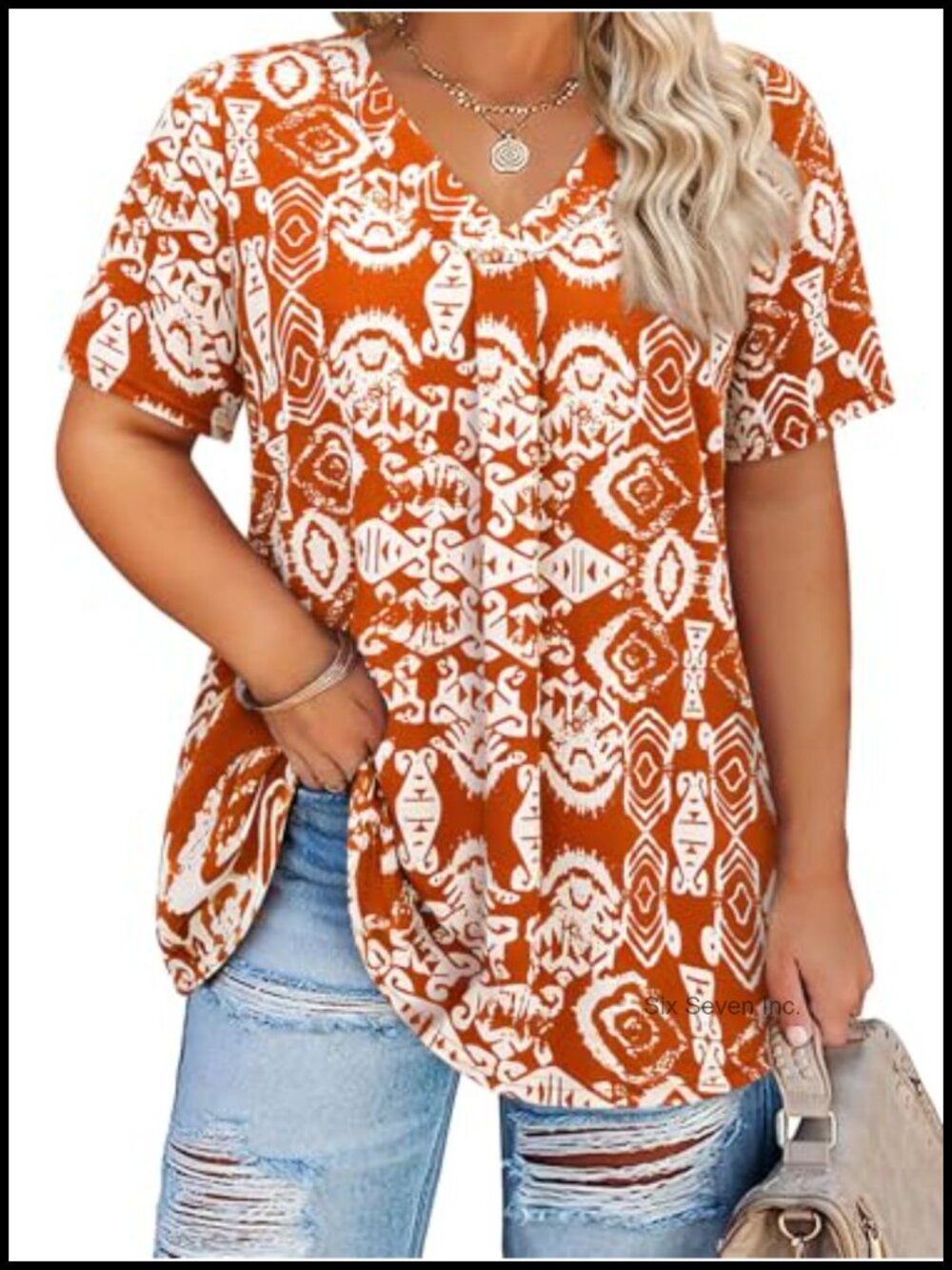 Plus Size Pleated V Neck Short Sleeve Tunic Blouse